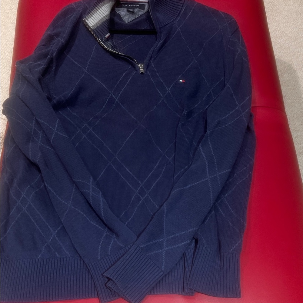 Tommy Hilfiger Men's Dark Blue Argyle Zip-Up Sweater